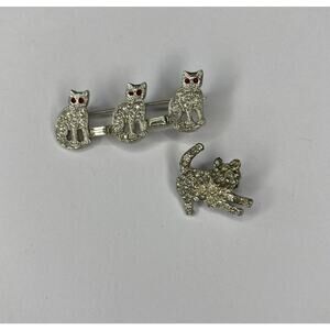VINTAGE Marcasite Pin Kittens Kitty Silver Tone Rhinestone Brooch CRAZY CAT LADY